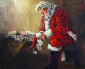 Kneeling Santa Jesus Merry Christmas ok